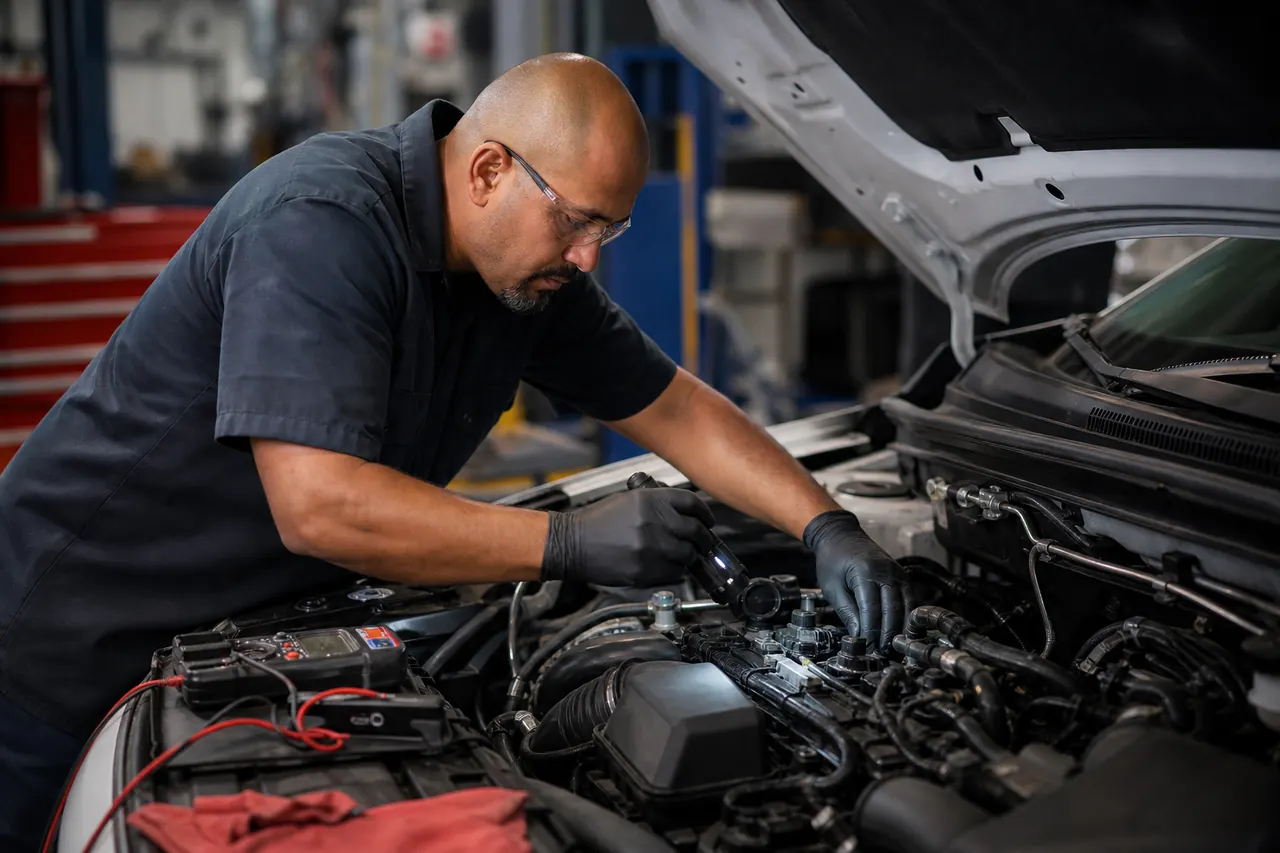 Ilustración de servicio: Mecánico realizando servicio liviano en el motor de un vehículo
