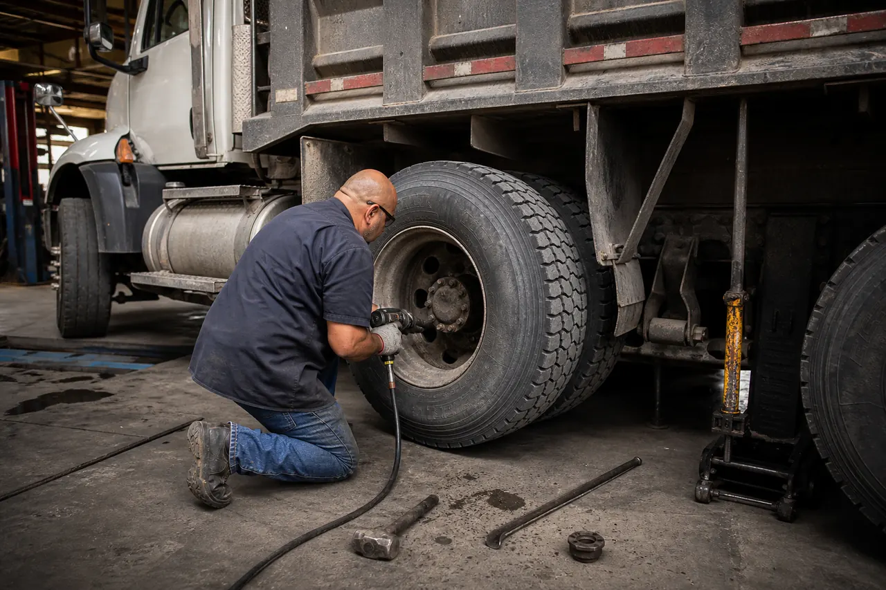 Ilustración de servicio: Empleado trabajando una goma grande de truck o vehículo de trabajo